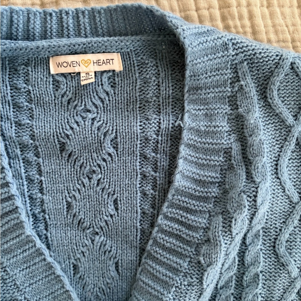 Woven Heart Women's Sky Blue Cable Knit V-Neck Sweater